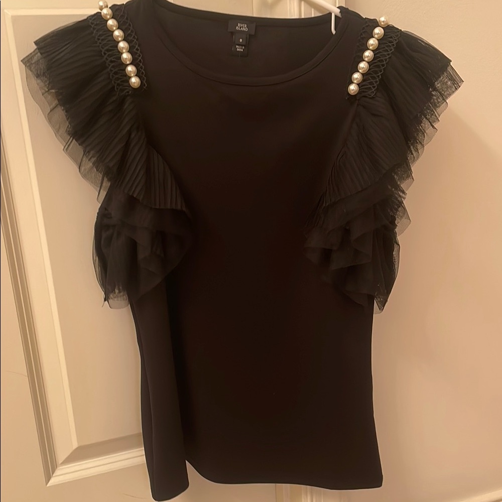 River Island Ruffled Top with Pearl Accents